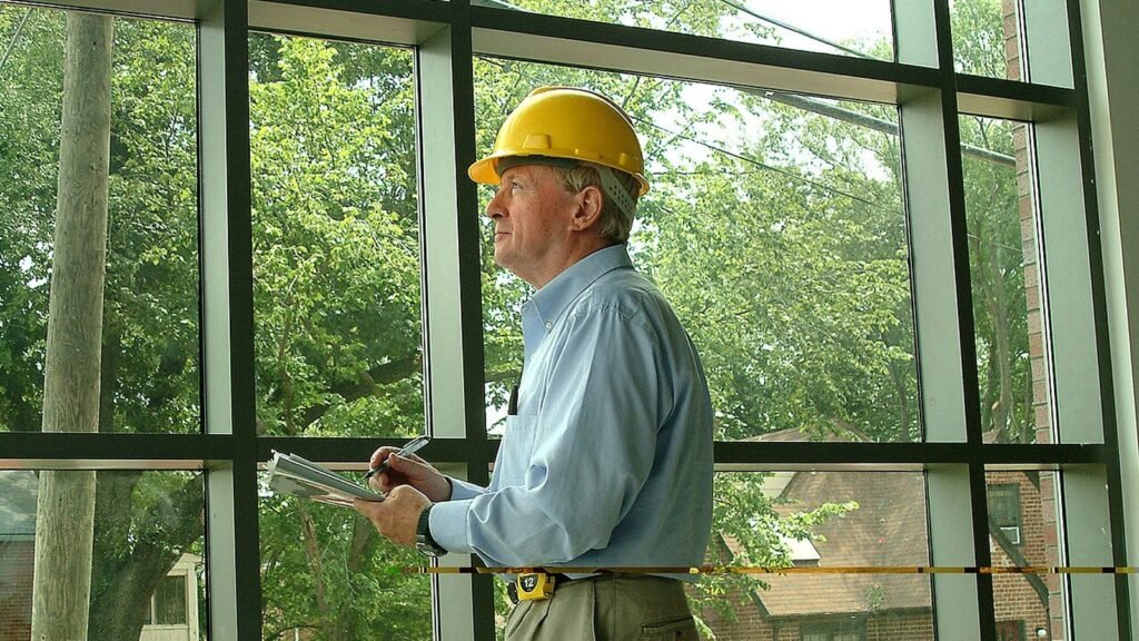 A building inspector in a hard hat holds a clipboard inside a building under construction
