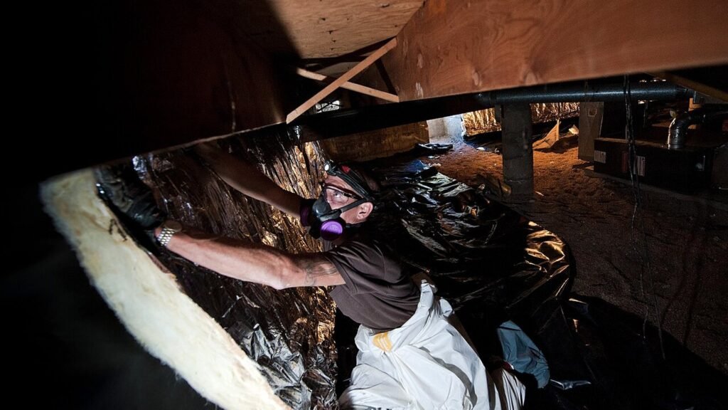 A worker in a respirator lays a plastic moisture barrier and insulation in a home crawl space